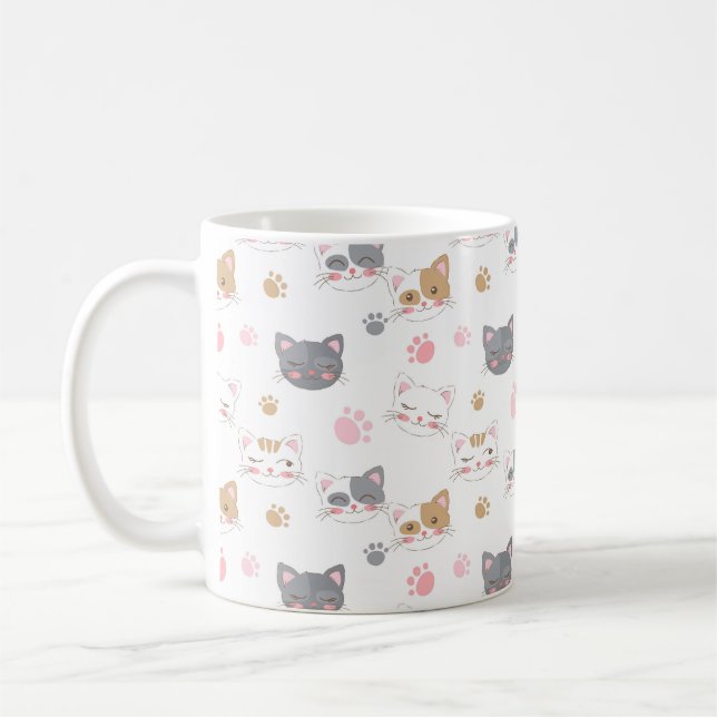 Cute cat ansikte ler leende katter mönster kaffemugg (Vänster)