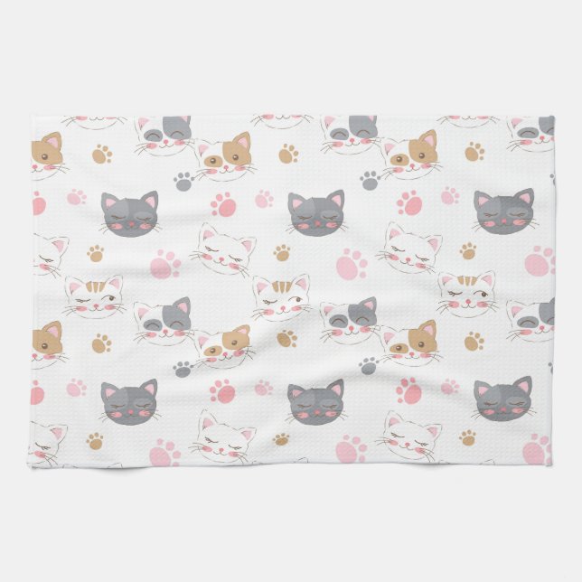 Cute cat ansikte ler leende katter mönster kökshandduk (Horisontell)