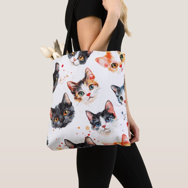 Cute Cat Ansikte Mönster Tote Bag Snyggt & Durable Tygkasse (Närbild)