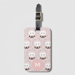 Cute Cat Ansikte Rosa Dotty Mönster Monogram Bagagebricka