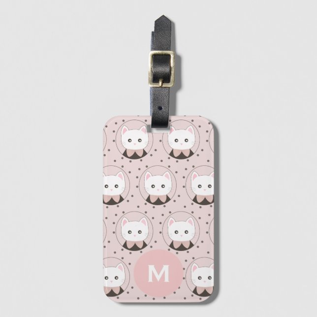 Cute Cat Ansikte Rosa Dotty Mönster Monogram Bagagebricka (Framsida vertikal)