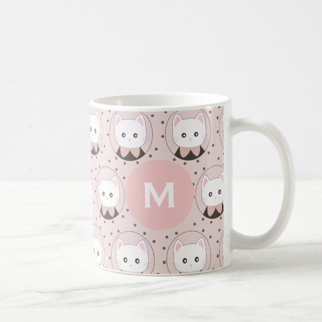 Cute Cat Ansikte Rosa Dotty Mönster Monogram Kaffemugg (Höger)