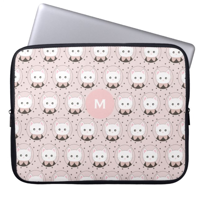 Cute Cat Ansikte Rosa Dotty Mönster Monogram Laptop Fodral (Framsidan)