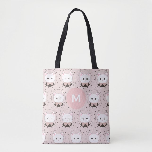 Cute Cat Ansikte Rosa Dotty Mönster Monogram Tygkasse (Framsida)