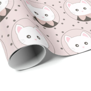 Cute Cat Ansikte Rosa Dotty Mönster Presentpapper
