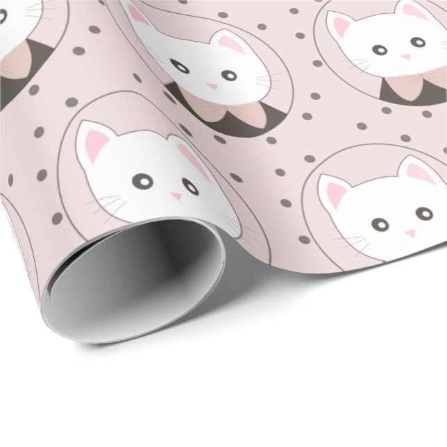 Cute Cat Ansikte Rosa Dotty Mönster Presentpapper (Rullad Hörn)
