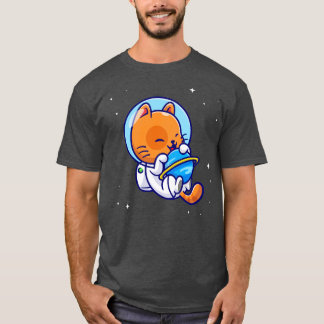 Cute Cat Astronaut Hug Planet in Space Tecknad T Shirt