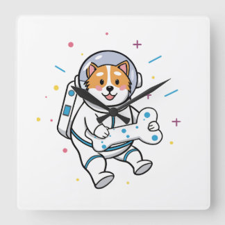 Cute Cat Astronaut in Space Wall Clock Fyrkantig Klocka