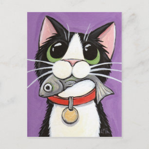 Cute Cat äter ett fiskvykort Vykort