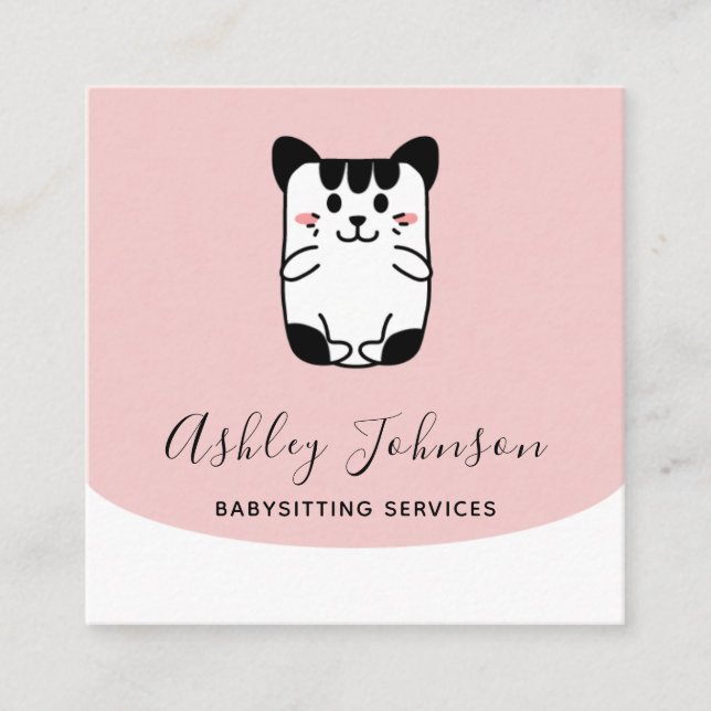 Cute Cat Babysit Services Add Social Media Roligt Fyrkantigt Visitkort (Framsida)