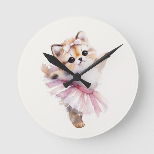 Cute Cat Ballerina Nursery Door Sign Personalized Rund Klocka (Framsida)