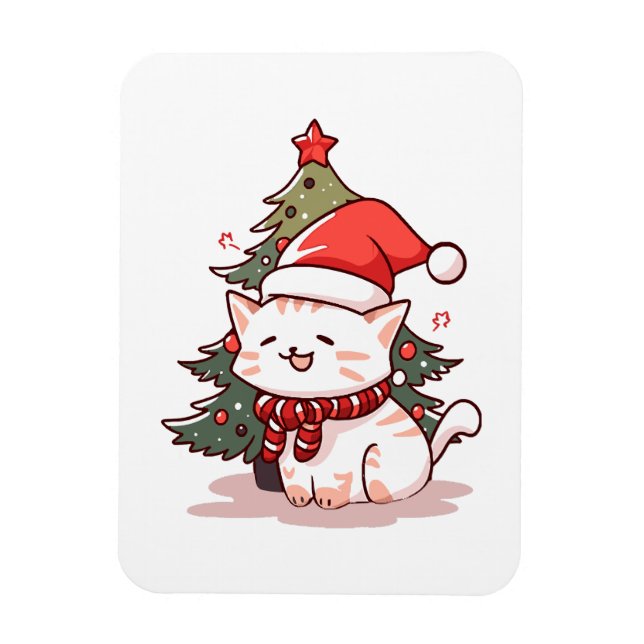 Cute cat bar Santa hat nära Julgran Magnet (Vertikal)