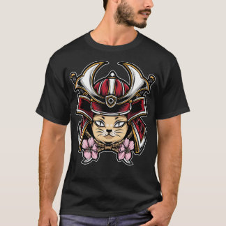 Cute cat bära samurai helmet t shirt