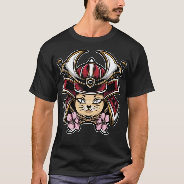 Cute cat bära samurai helmet t shirt (Framsida)