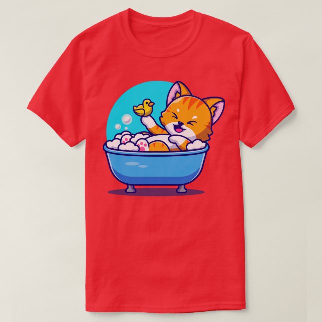 Cute Cat Bath i badbaljan med Anka Leksak Carto T Shirt (Design framsida)