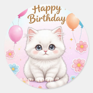 Cute cat birthday sticker  runt klistermärke