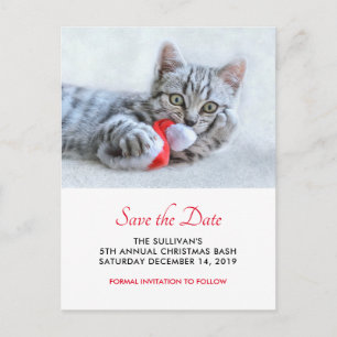 Cute Cat Biting Red Santa Hat Julafton Spara datum Vykort
