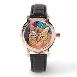 Cute Cat Black Leather Women's Watch Armbandsur