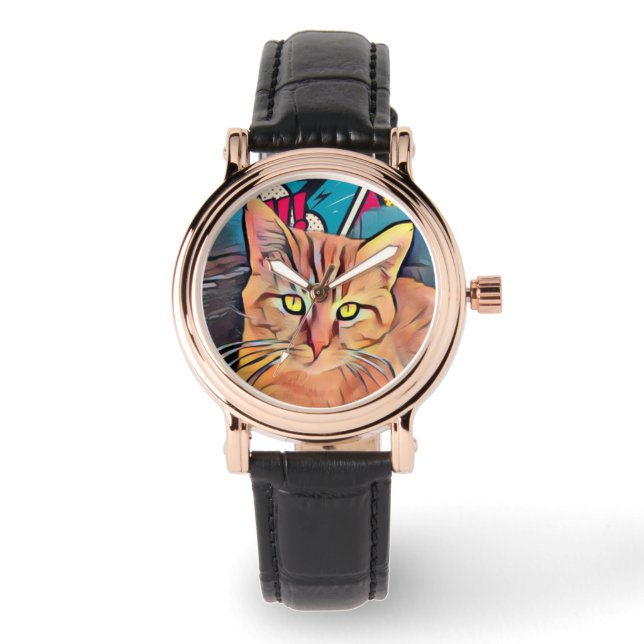 Cute Cat Black Leather Women's Watch Armbandsur (Framsida)