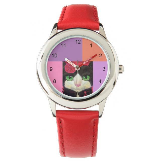 Cute Cat Black och White Tuxedo Illustration Red Armbandsur (Framsida)