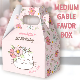Cute Cat Blommigt Rosa Girl 1:a Birday Medium Presentaskar