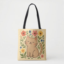 Cute Cat Blommigt Tote Bag - Adsible Kattunge Tygkasse