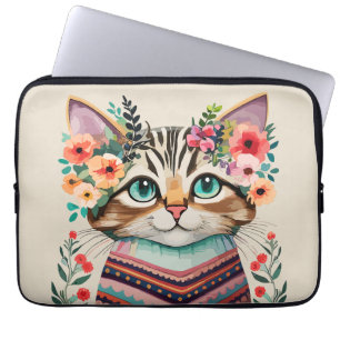 Cute Cat Blommigt Vattenfärg Laptop Fodral