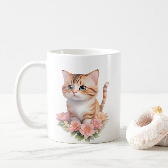 Cute Cat Blommigt Whimsical Kattdjur Kaffemugg (Med munk)