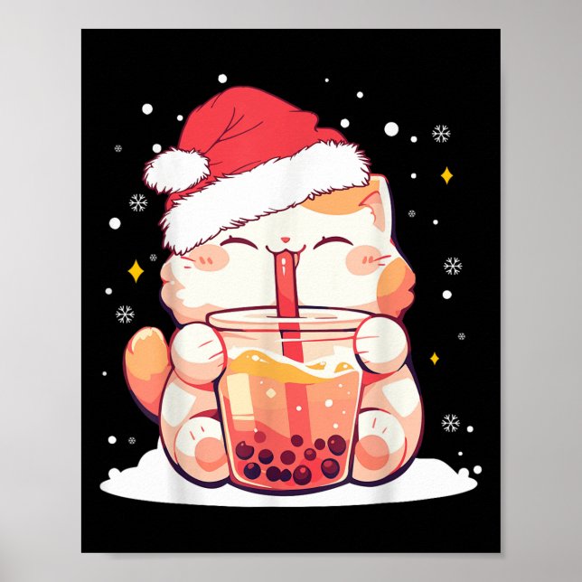 Cute Cat Boba Mjölk Bubble Tea jultomten Hat Poster (Framsidan)