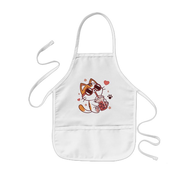 Cute Cat Boba Tea Apron - Roligt Kitchen Gift Barnförkläde (Framsidan)