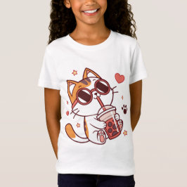Cute Cat Boba Tea - Hearts & Stars T Shirt
