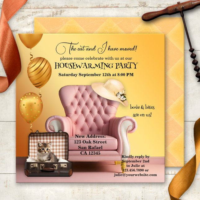 Cute Cat Boho Chic Houseuppvärmning Party Inbjudningar (Boho chic housewarming party invitation for cat lovers in a fun sunny artistic style)
