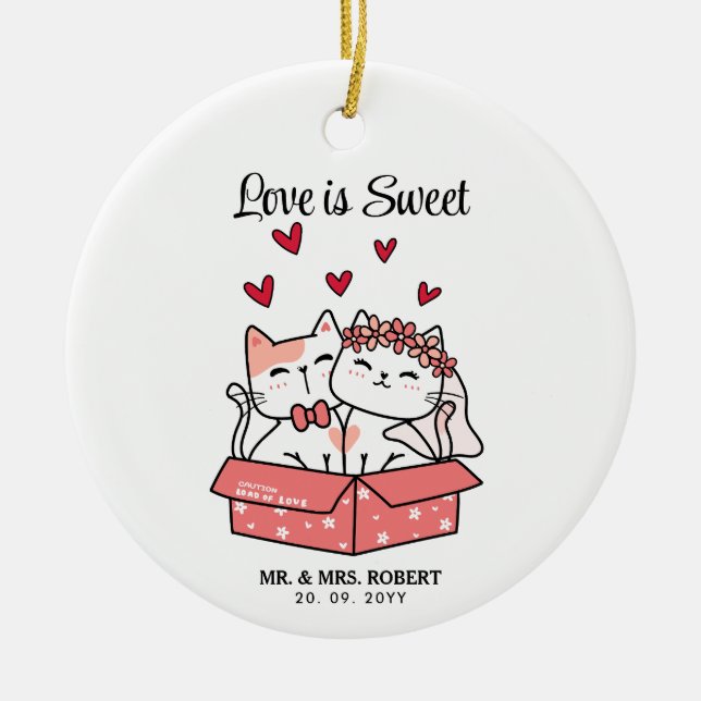 Cute Cat Bride and Groom Bröllop Julgransprydnad Keramik (Framsidan)