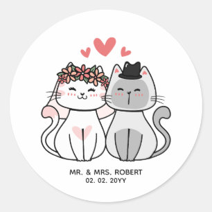 Cute Cat Bride and Groom Bröllop Runt Klistermärke
