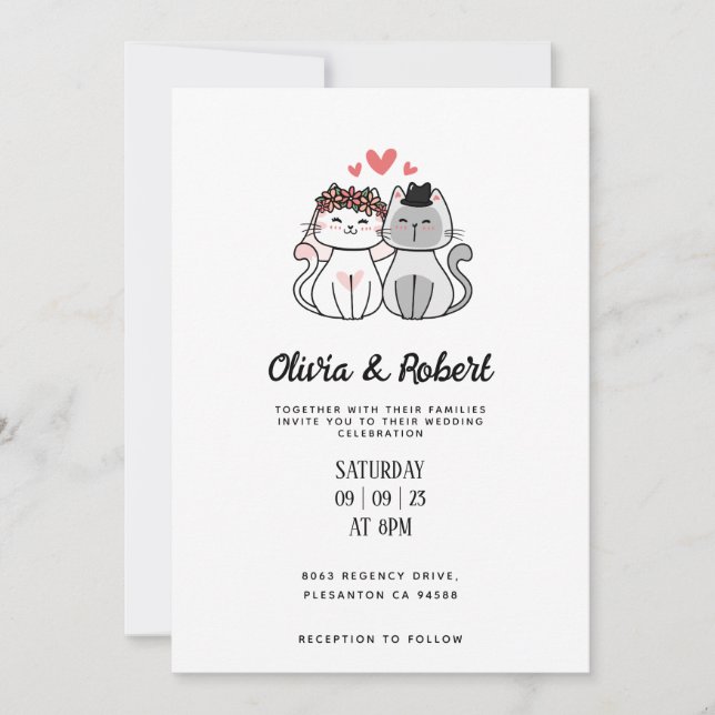 Cute Cat Bride and Groom Minimalist Bröllop Inbjudningar (Framsida)