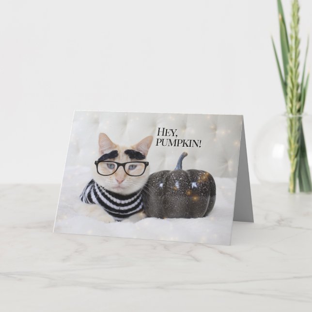 Cute Cat Bushy Eyebrows och Glass Halloween Kort (Framsida)