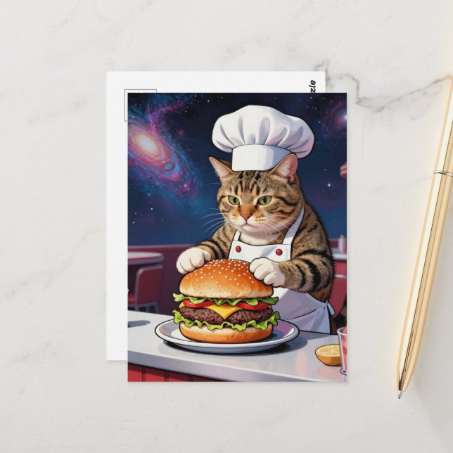 Cute Cat Chef Making CheeseBurger in Space Diner Vykort (Fram/Back In Situ)