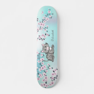 Cute Cat Cherry Blommar Rosa Turcos Add Namn Mini Skateboard Bräda 18,5 Cm