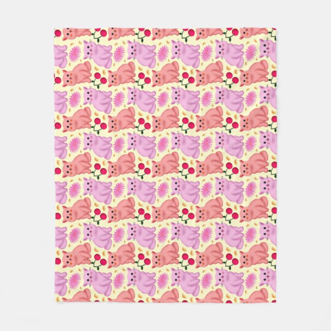 Cute Cat Cherry Floral Pattern | Kawaii Kitty  Fleecefilt (Framsidan)
