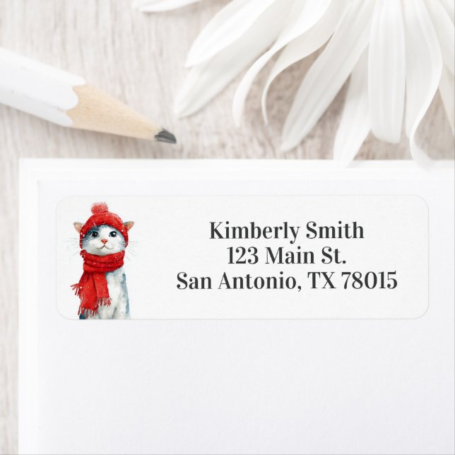 Cute Cat Christmas Address Returadress Etikett (Insitu)