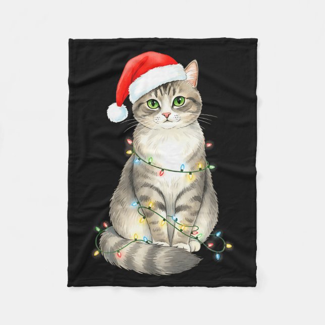 Cute Cat Christmas Lights Santa Hat Snow Holiday A Fleecefilt (Framsidan)