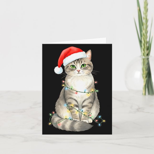 Cute Cat Christmas Lights Santa Hat Snow Holiday A Kort (Framsida)