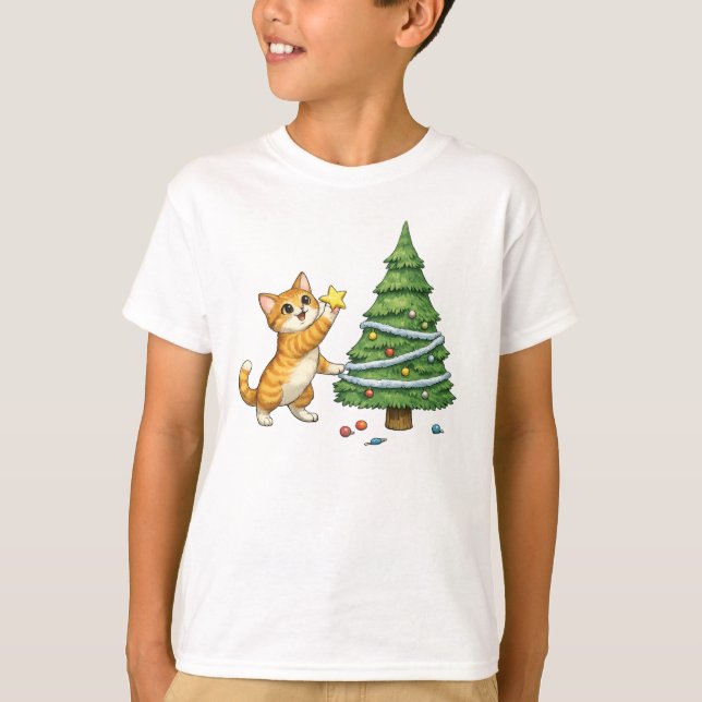 Cute Cat Christmas Tree Kids T-Shirt (Framsida)
