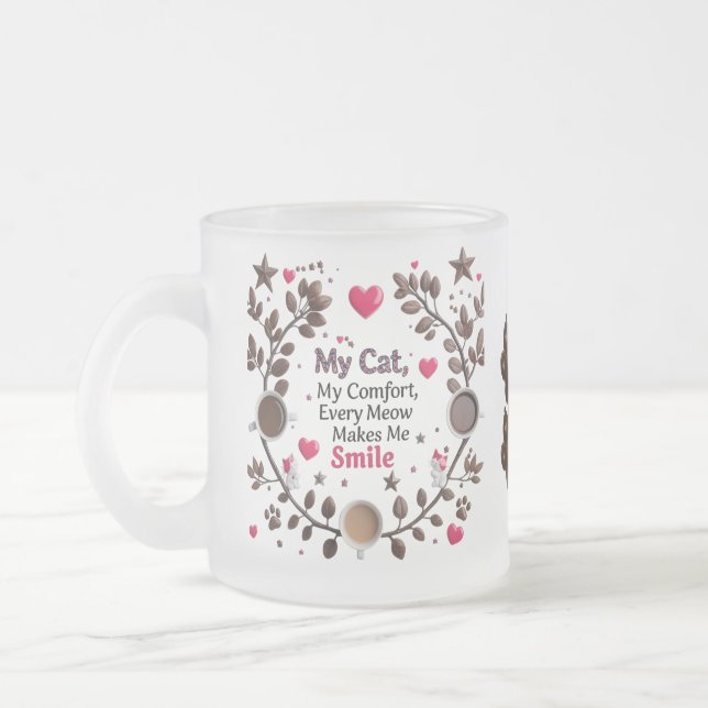 Cute Cat & Coffee Forest Mugg - Rosa Heart (Vänster)