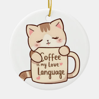 Cute Cat Coffee Love Language Julgransprydnad Keramik