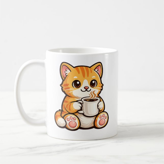 Cute Cat Coffee – Mysig Orange Katt som Dricker Ka Kaffemugg (Vänster)