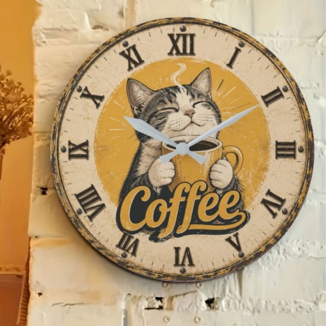 Cute Cat Coffee Stor Klocka (Skapare uppladdad)