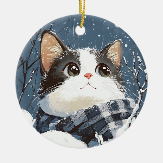 Cute cat cozy winter snow julgransprydnad keramik (Framsidan)