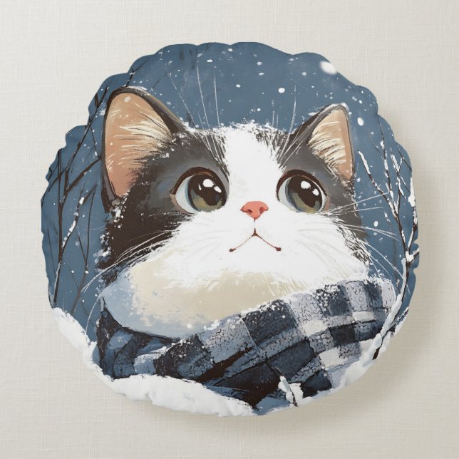 Cute cat cozy winter snow rund kudde (Framsidan)