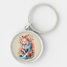 Cute Cat-design i Neo Traditional Stil Rund Silverfärgad Nyckelring